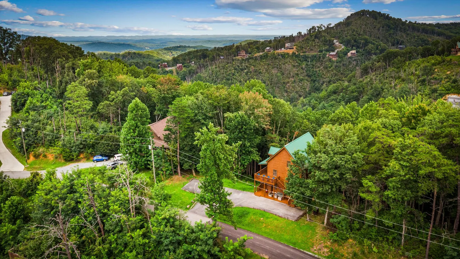 Aerial view of the Shagbark community showing cabins spread through forest